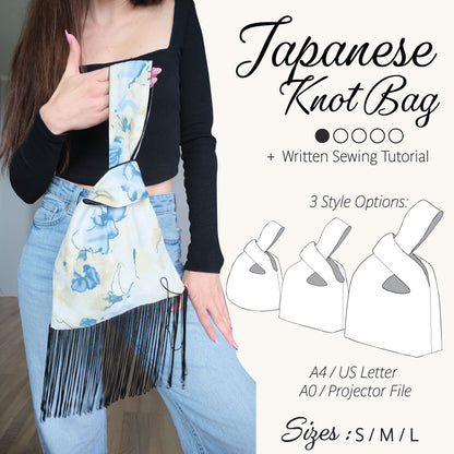 A Japanese Knot Bag beginner sewing pattern, showing a woman wearing a blue and white floral knot bag with black fringe, alongside text reading 'Japanese Knot Bag + Written Sewing Tutorial' and line drawings of three style options.