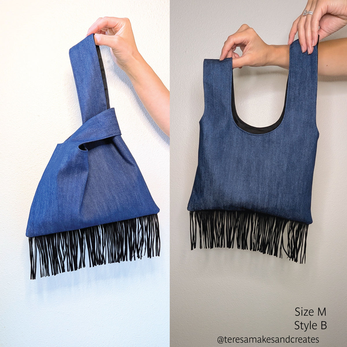 A denim Japanese knot bag made from a pattern with fringe trim is shown in two views held by hands against a plain light background. The left view shows the bag open, and the right view shows it closed.