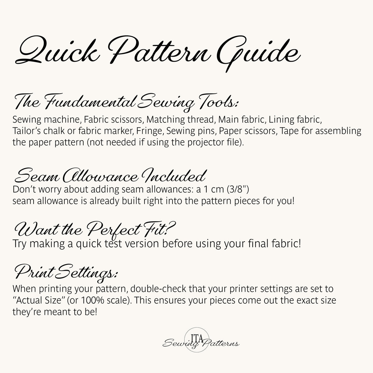 A text-based Quick Pattern Guide for Sewing Pattern with sections on sewing tools, seam allowance, quick perfect fit, and print settings on a light beige background.