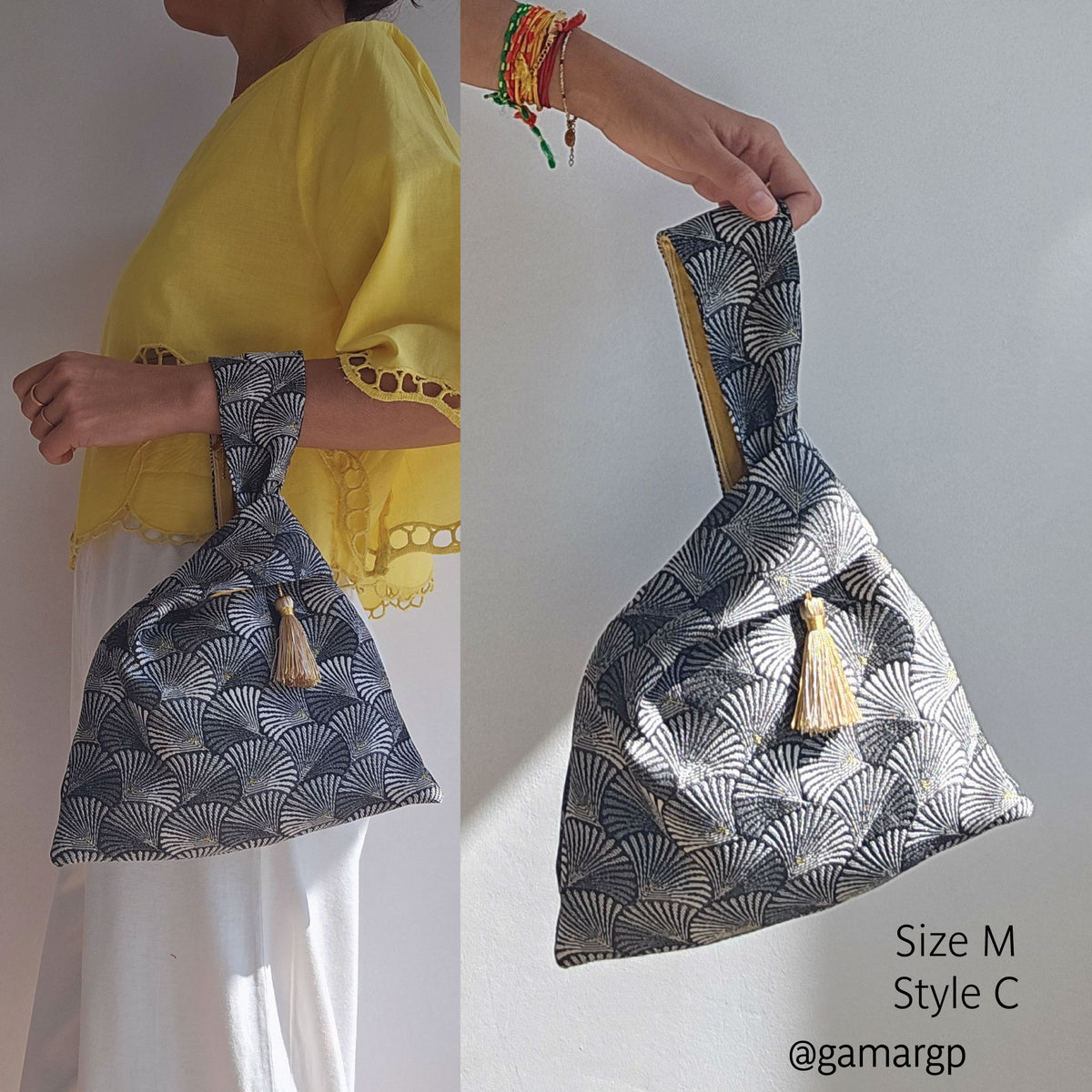 A fabric shoulder bag made with a sewing pattern, shown in a split view: on the left worn by a person in a yellow top, and on the right held by a hand against a plain wall. Text on the image reads 'Size M Style C.