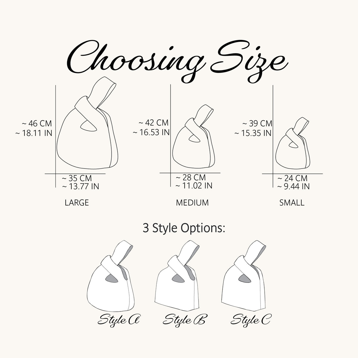 Size and style guide for a Japanese knot bag sewing pattern, showing line drawings of three bag shapes labeled Large, Medium, and Small with measurements in centimeters and inches, plus Style A, Style B, and Style C options below on a light beige background.