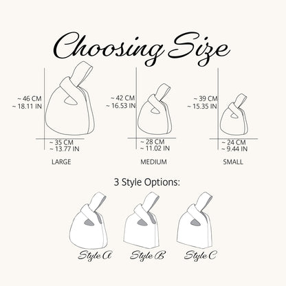 Size and style guide for a Japanese knot bag sewing pattern, showing line drawings of three bag shapes labeled Large, Medium, and Small with measurements in centimeters and inches, plus Style A, Style B, and Style C options below on a light beige background.