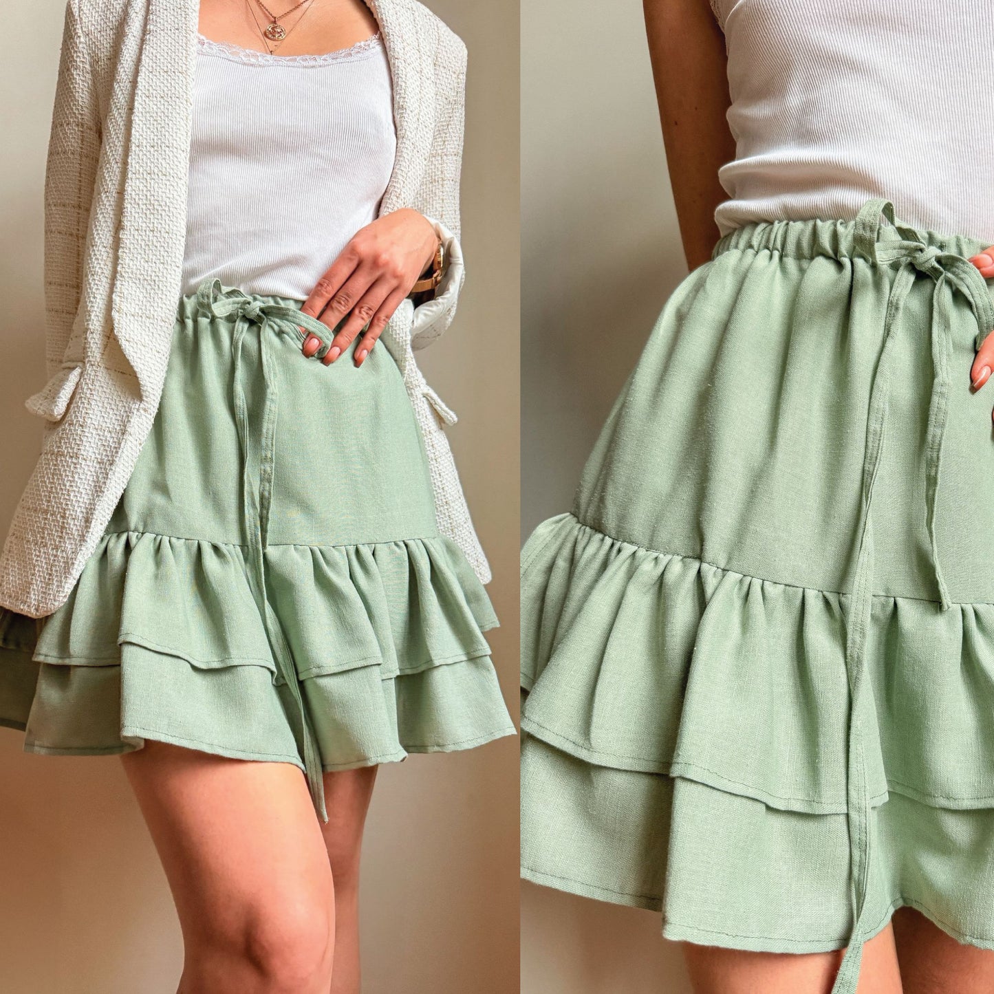 A model wears a light sage green tiered ruffle mini skirt with a tie waist, styled with a white tank top and a textured cream cardigan. The image features a split view: a full-body shot on the left and a close-up of the skirt on the right, set against a plain beige background.