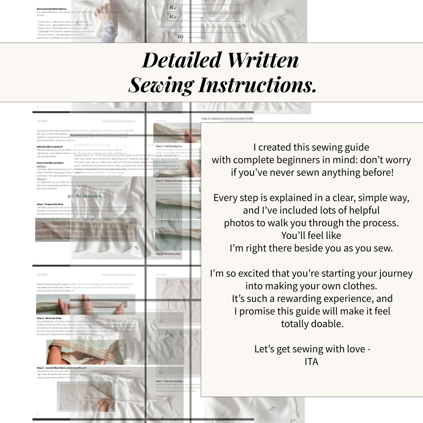 An overview of the detailed written sewing instructions for the Jeny Skirt, featuring clear text and step-by-step photos designed for beginners to achieve a professional finish.