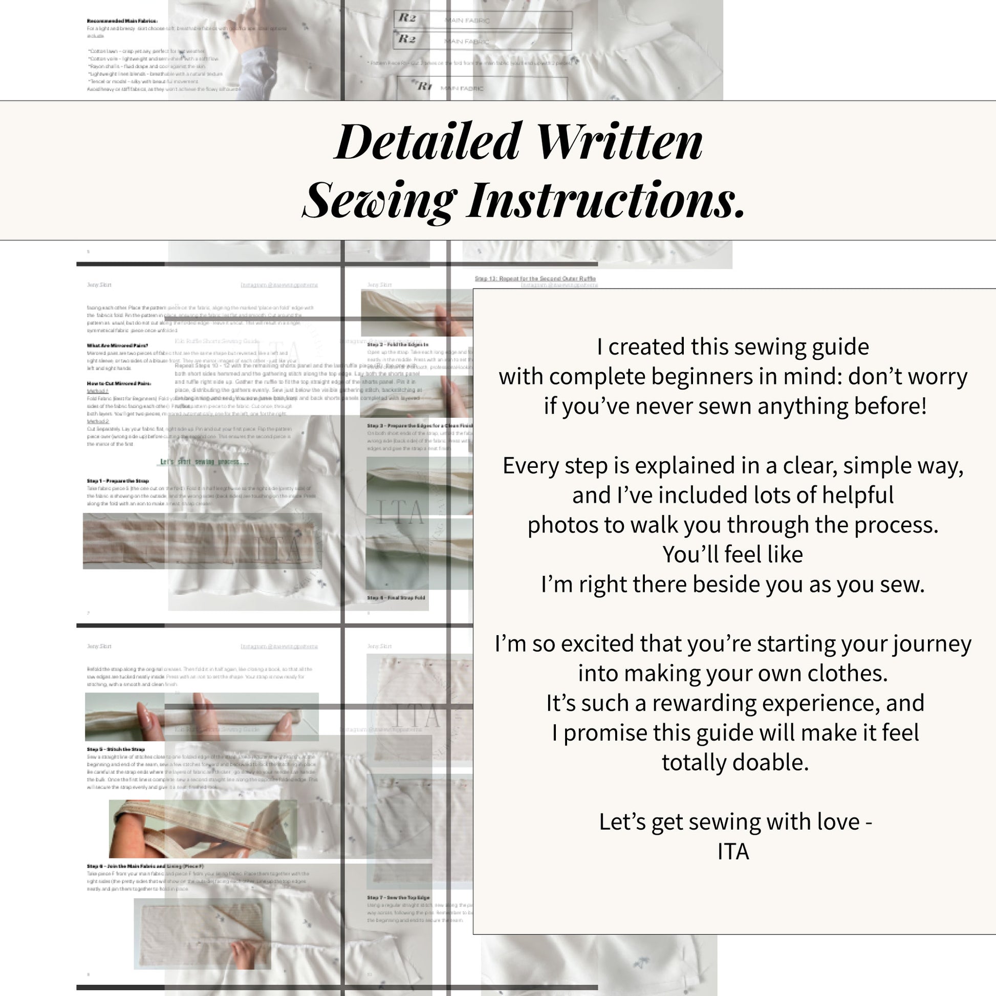 An overview of the detailed written sewing instructions for the Jeny Skirt, featuring clear text and step-by-step photos designed for beginners to achieve a professional finish.