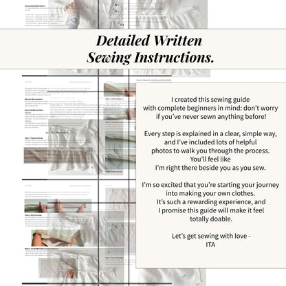 An overview of the detailed written sewing instructions for the Jeny Skirt, featuring clear text and step-by-step photos designed for beginners to achieve a professional finish.