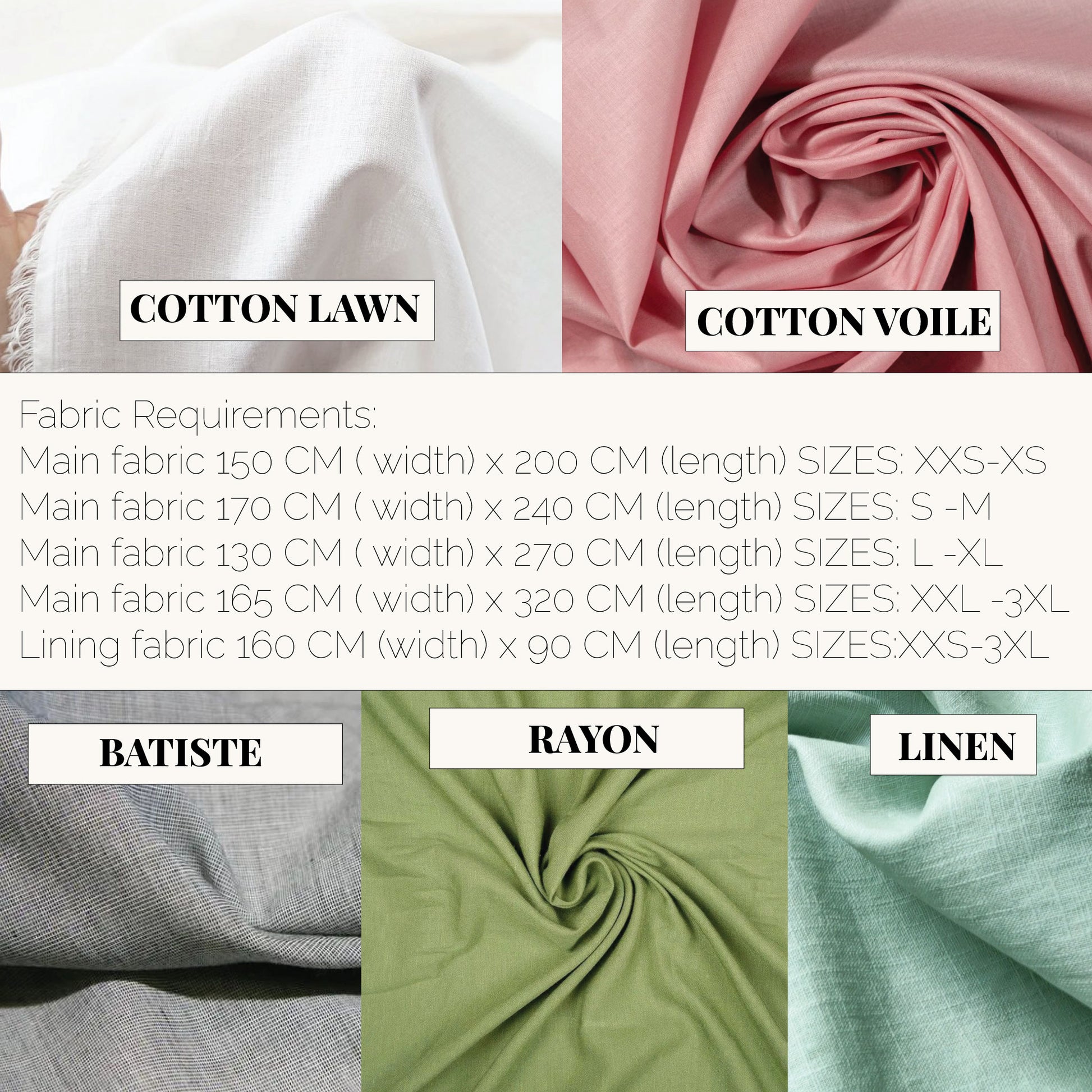 Fabric requirements guide for the Jeny Skirt sewing pattern featuring swatches of Cotton Lawn, Cotton Voile, Batiste, Rayon, and Linen, with a detailed chart of fabric length and width needed for sizes XXS to 3XL.