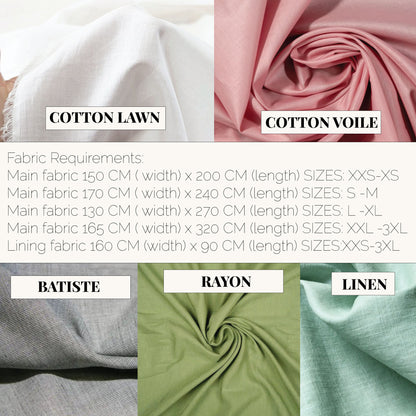 Fabric requirements guide for the Jeny Skirt sewing pattern featuring swatches of Cotton Lawn, Cotton Voile, Batiste, Rayon, and Linen, with a detailed chart of fabric length and width needed for sizes XXS to 3XL.