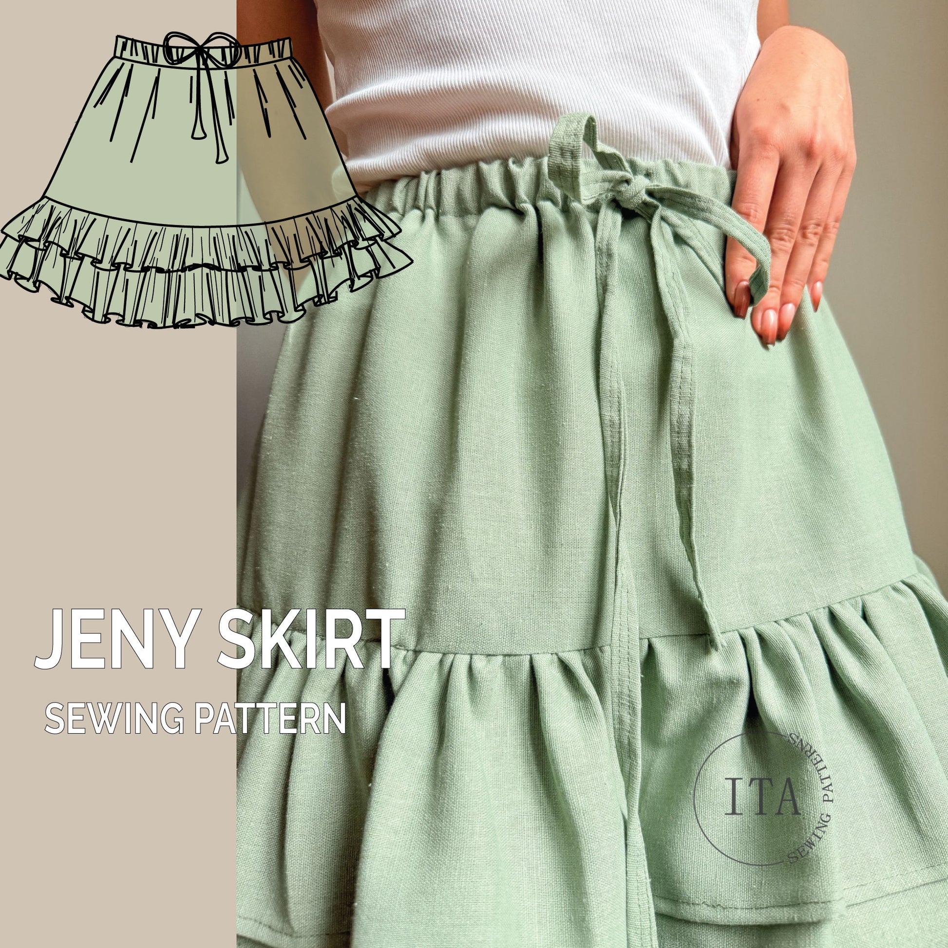 A digital sewing pattern display for the Jeny Skirt featuring a woman wearing a sage green ruffled mini skirt with a tie-waist.