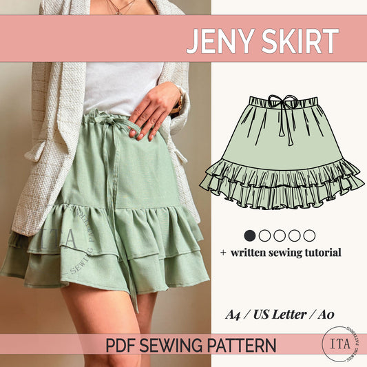 Product display for the Jeny Skirt sewing pattern featuring a woman wearing a light green tiered mini skirt with ruffles and an adjustable tie waist, alongside a technical line drawing of the skirt design and text indicating A4, US Letter, and A0 PDF formats.