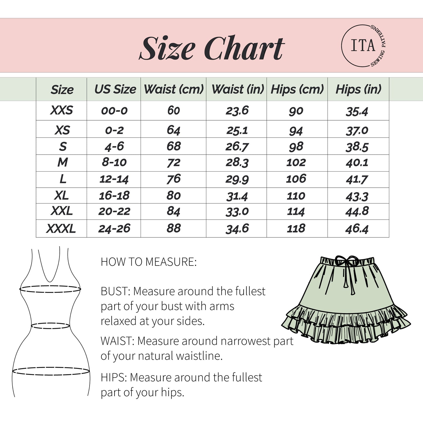 Detailed size chart for the Jeny Skirt sewing pattern ranging from XXS to XXXL, including US sizes, waist, and hip measurements in both centimeters and inches, accompanied by a "How to Measure" guide with body and garment sketches.