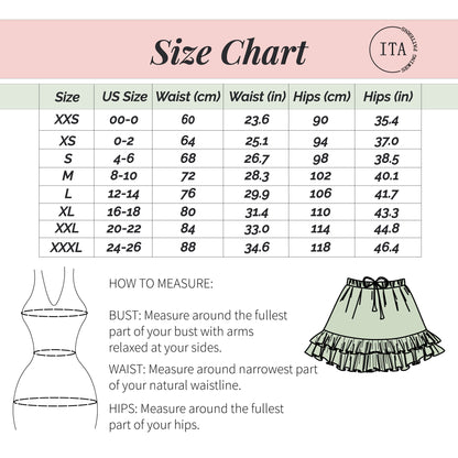 Detailed size chart for the Jeny Skirt sewing pattern ranging from XXS to XXXL, including US sizes, waist, and hip measurements in both centimeters and inches, accompanied by a "How to Measure" guide with body and garment sketches.