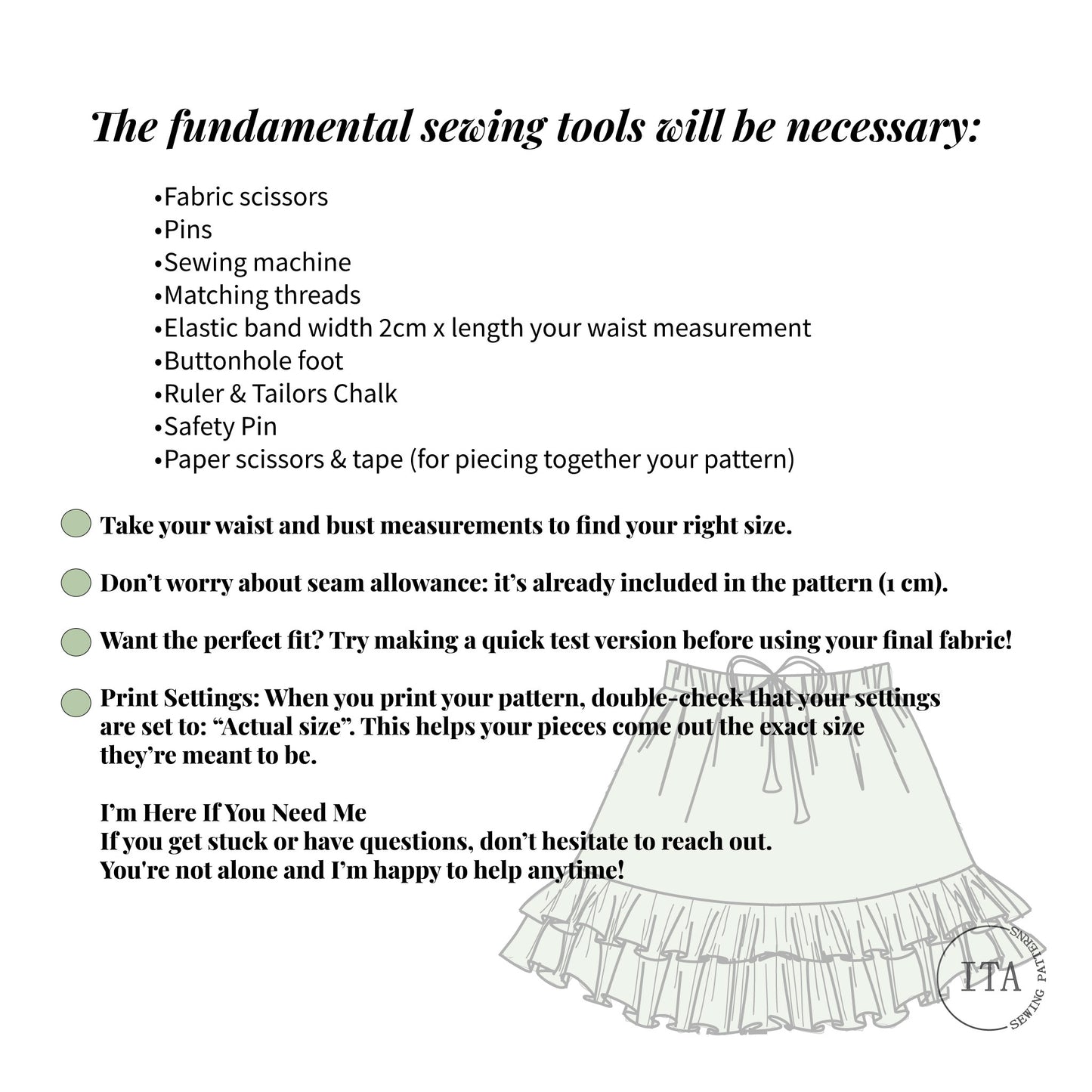 A technical guide for the Jeny Skirt sewing pattern listing necessary tools like buttonhole foot, elastic band, and tailors chalk, including 1cm seam allowance details and "Actual size" print settings with a faint skirt sketch in the background.