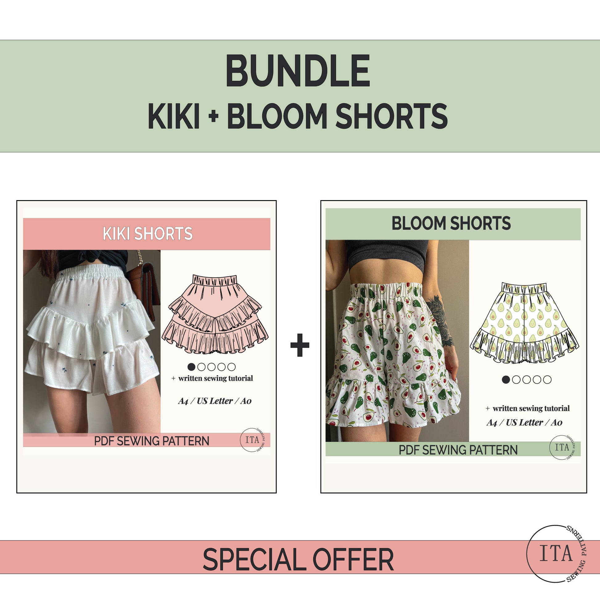 sewing pattern bundle featuring kiki shorts and bloom shorts with elastic waist and ruffle details, shown with finished garment photos and pattern illustrations.