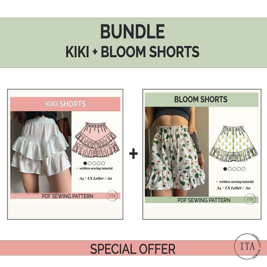 sewing pattern bundle featuring kiki shorts and bloom shorts with elastic waist and ruffle details, shown with finished garment photos and pattern illustrations.