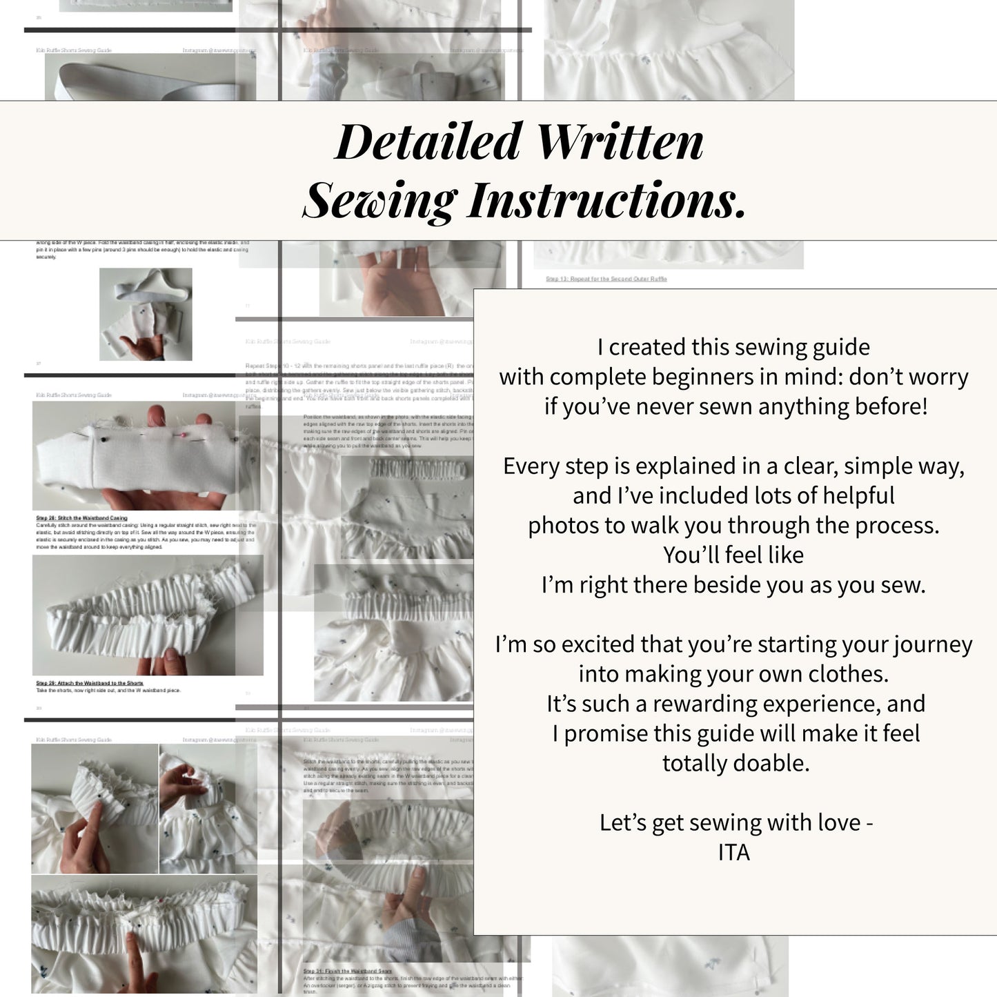 Detailed written sewing instructions for KIKI Shorts PDF pattern with step by step beginner friendly guidance and photos.