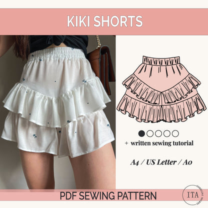 KIKI ruffle shorts PDF sewing pattern cover showing elastic waist shorts illustration and finished garment.