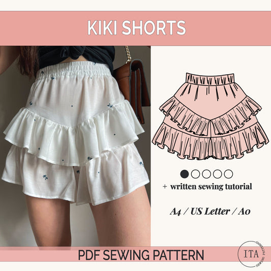 KIKI ruffle shorts PDF sewing pattern cover showing elastic waist shorts illustration and finished garment.
