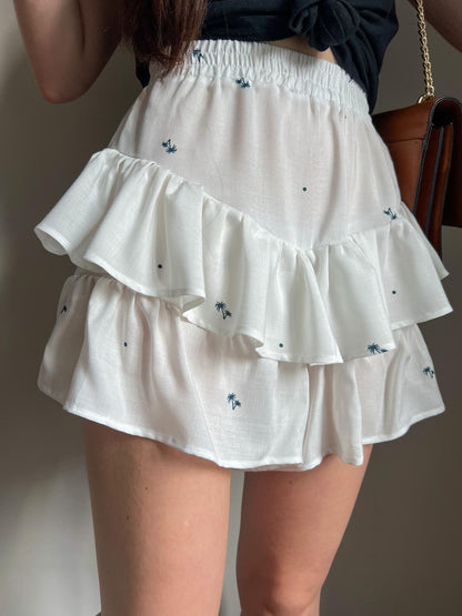 KIKI ruffle shorts sewing pattern showing elastic waistband and layered ruffles worn on model.