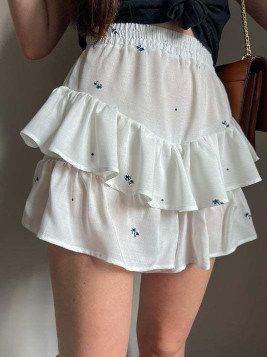 KIKI ruffle shorts sewing pattern showing elastic waistband and layered ruffles worn on model.