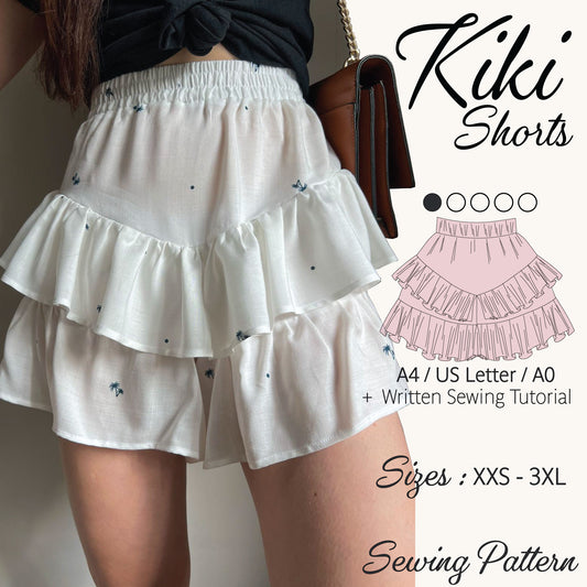 A promotional graphic for a sewing pattern of ruffled shorts. On the left, a model wears white tiered shorts with small blue embroidered details.