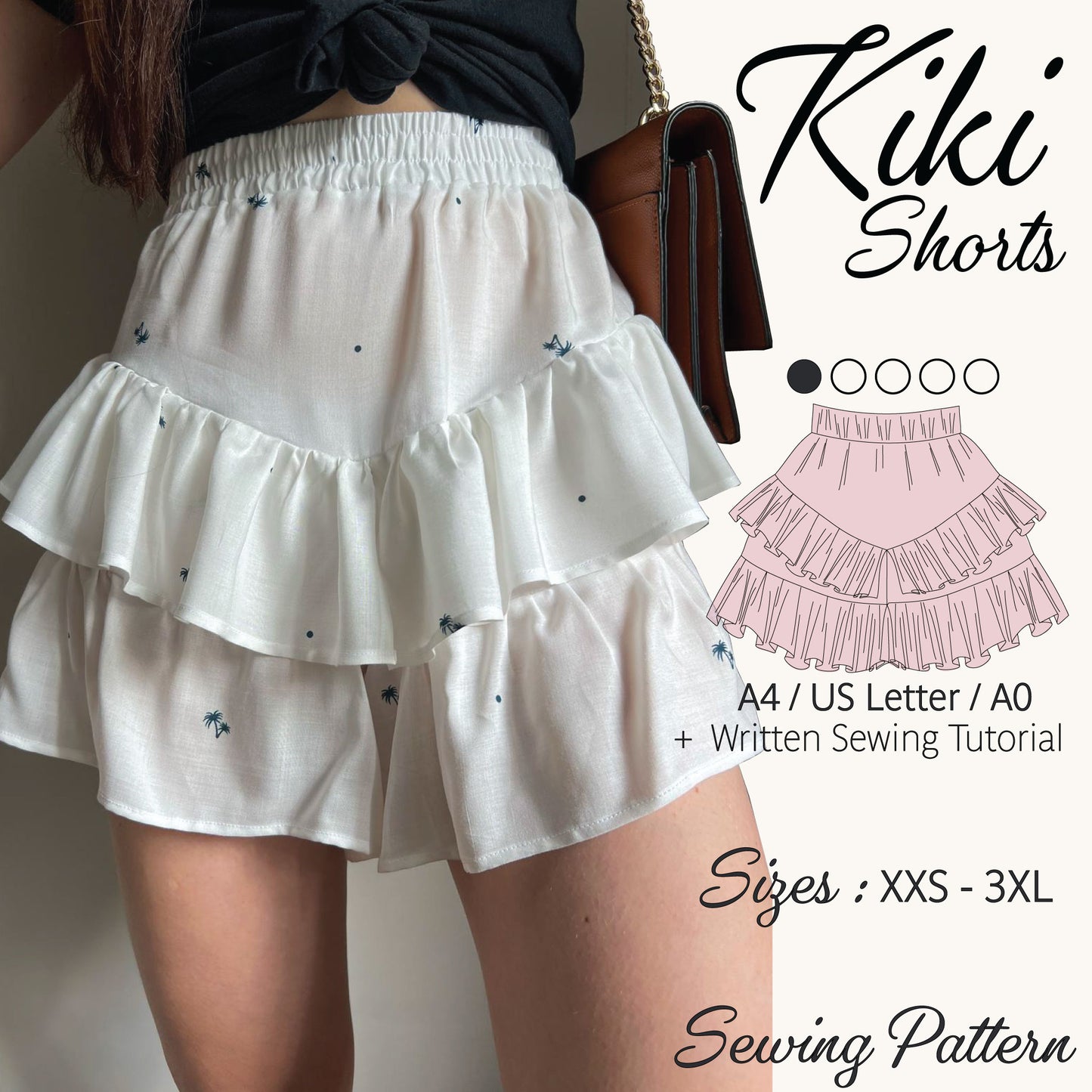 A promotional graphic for a sewing pattern of ruffled shorts. On the left, a model wears white tiered shorts with small blue embroidered details.