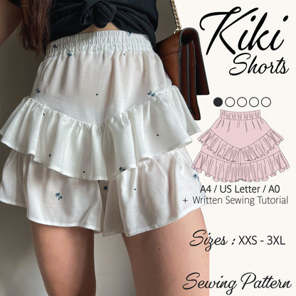 A promotional graphic for a sewing pattern of ruffled shorts. On the left, a model wears white tiered shorts with small blue embroidered details.