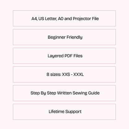 A digital infographic on a pale pink background with six white rounded rectangles containing black text: 'A4, US Letter, A0 and Projector File', 'Beginner Friendly', 'Layered PDF Files', '8 sizes: XXS - XXXL', 'Step By Step Written Sewing Guide', and 'Lifetime Support'.