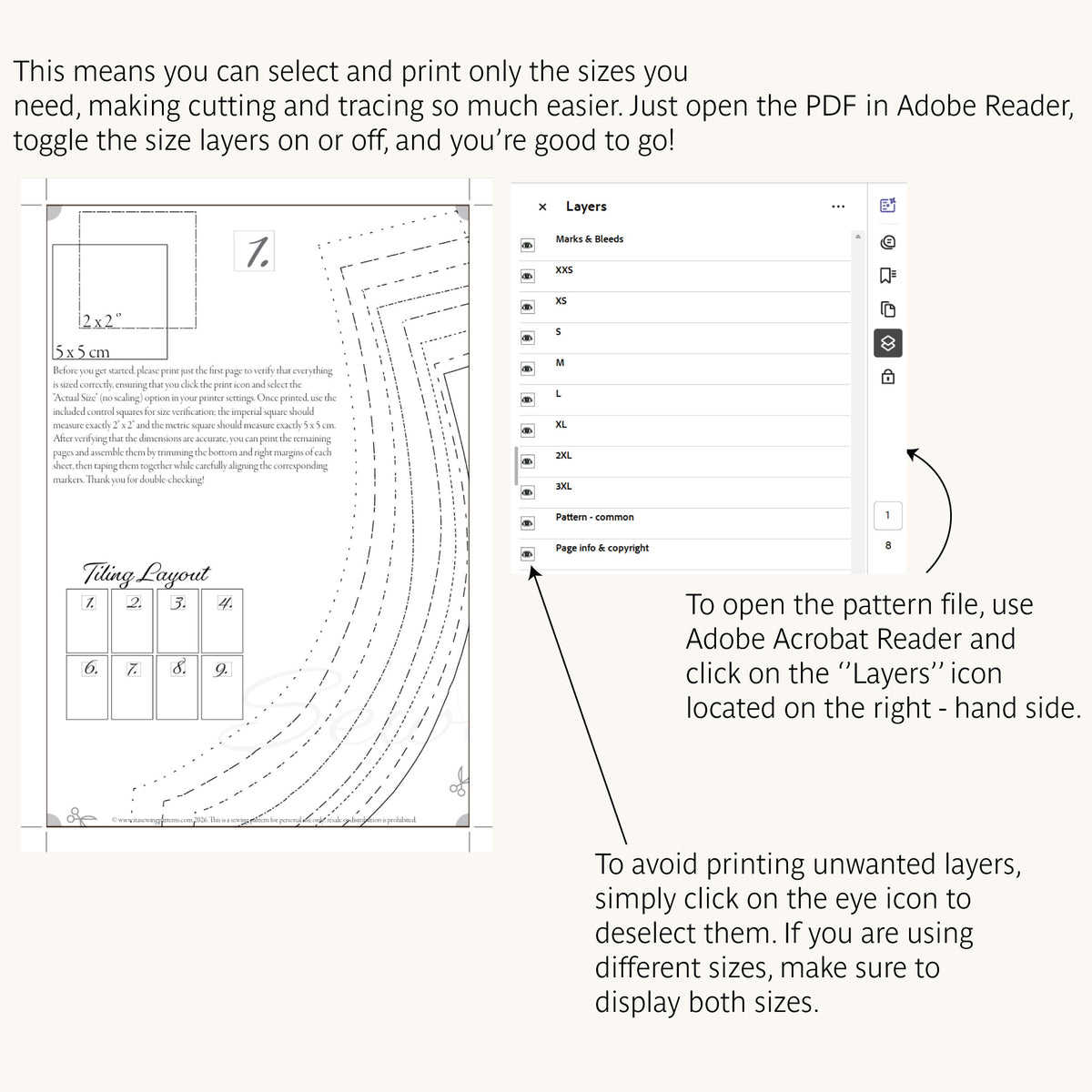 How to print one size: Adobe Acrobat Reader layers panel in the Matcha Pants layered PDF pattern