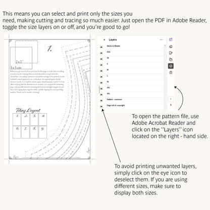 How to print one size: Adobe Acrobat Reader layers panel in the Matcha Pants layered PDF pattern