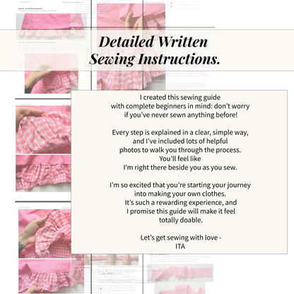 A detailed preview of the Lila Dress written sewing instructions, featuring a beginner-friendly message from the creator and step-by-step photos of pink gingham fabric construction.