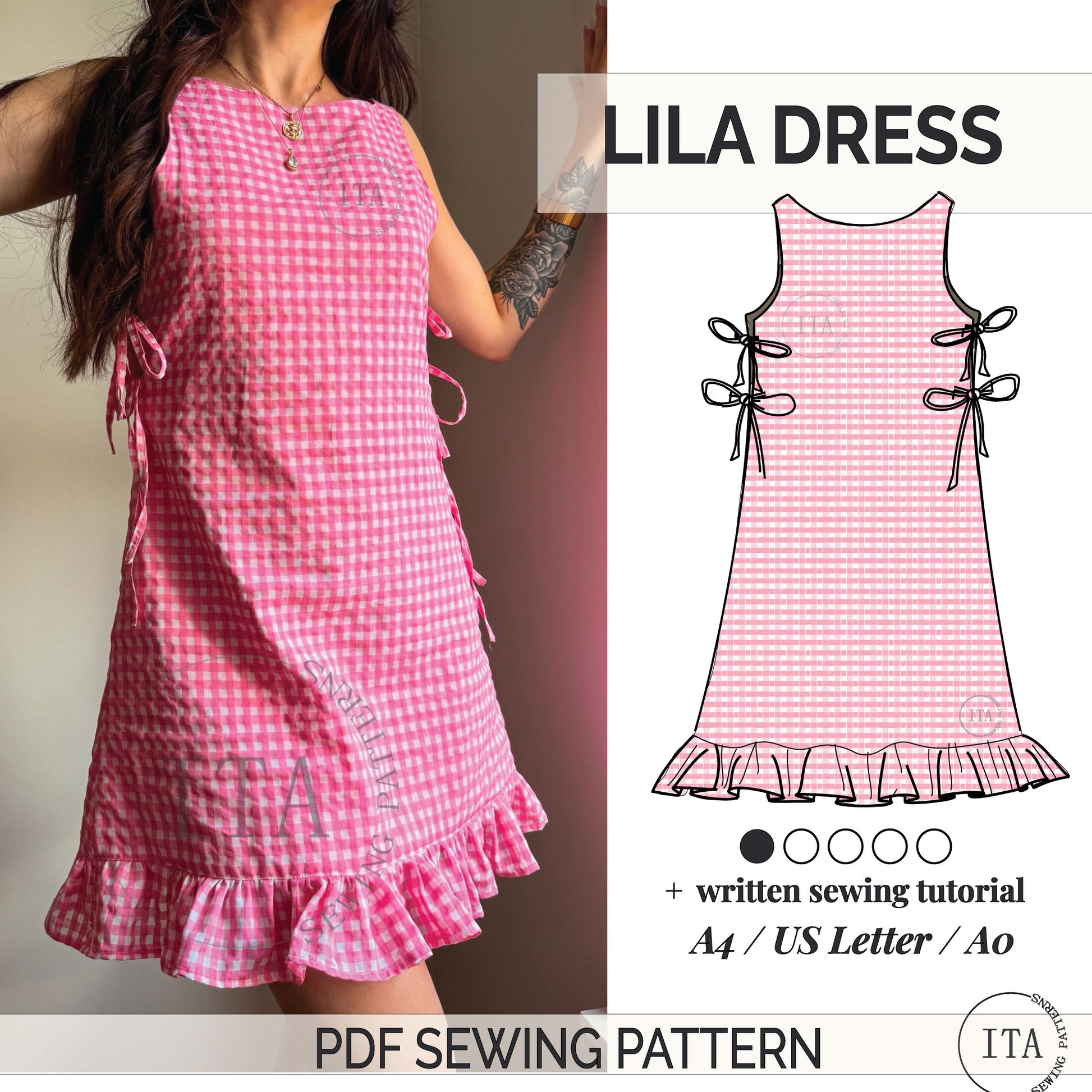 The main product cover for the Lila Dress sewing pattern, featuring a split-screen layout with a woman wearing a pink and white gingham mini dress with side ties and a ruffled hem on the left, and a matching pink gingham technical line drawing on the right. The image includes text for "Lila Dress," "PDF Sewing Pattern," five skill level circles, and confirmation of A4, US Letter, and A0 formats with a written tutorial.