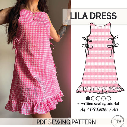 The main product cover for the Lila Dress sewing pattern, featuring a split-screen layout with a woman wearing a pink and white gingham mini dress with side ties and a ruffled hem on the left, and a matching pink gingham technical line drawing on the right. The image includes text for "Lila Dress," "PDF Sewing Pattern," five skill level circles, and confirmation of A4, US Letter, and A0 formats with a written tutorial.