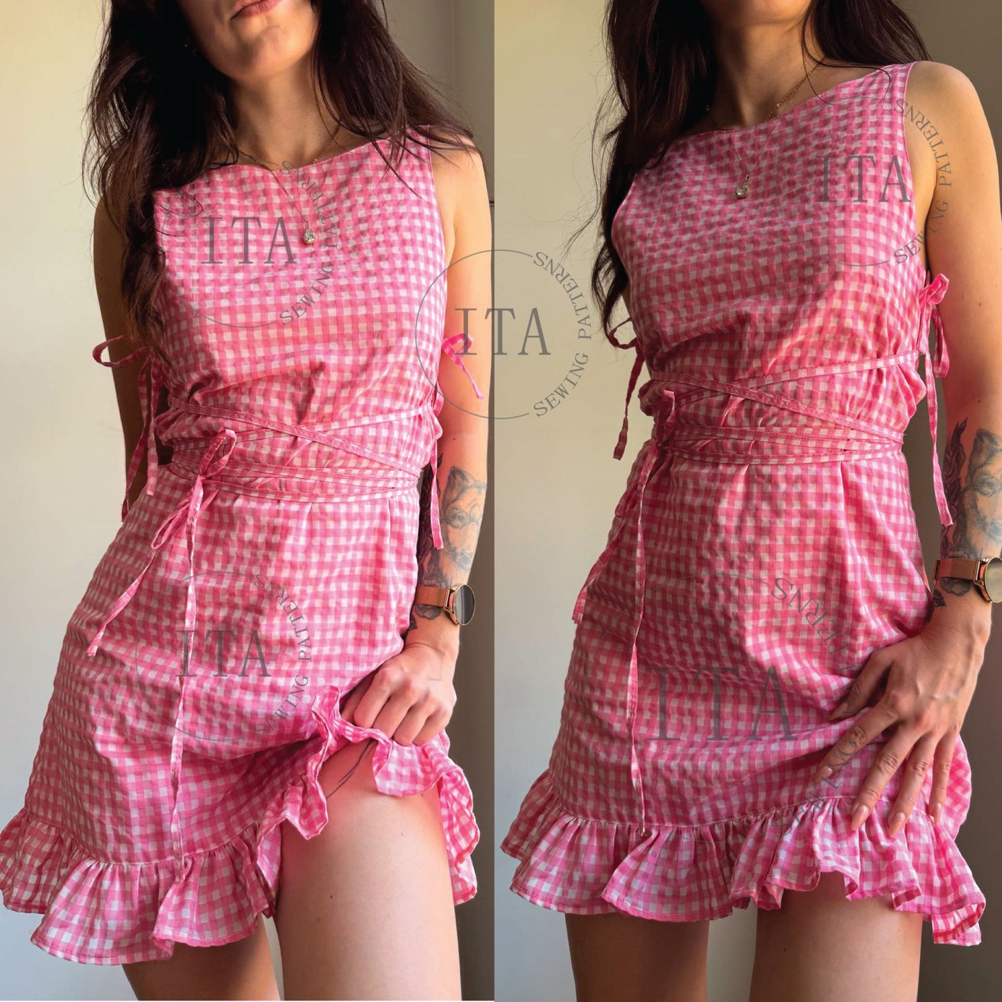 Digital sewing pattern cover for the Lila Dress featuring a woman wearing a pink and white gingham ruffle dress with side ties.