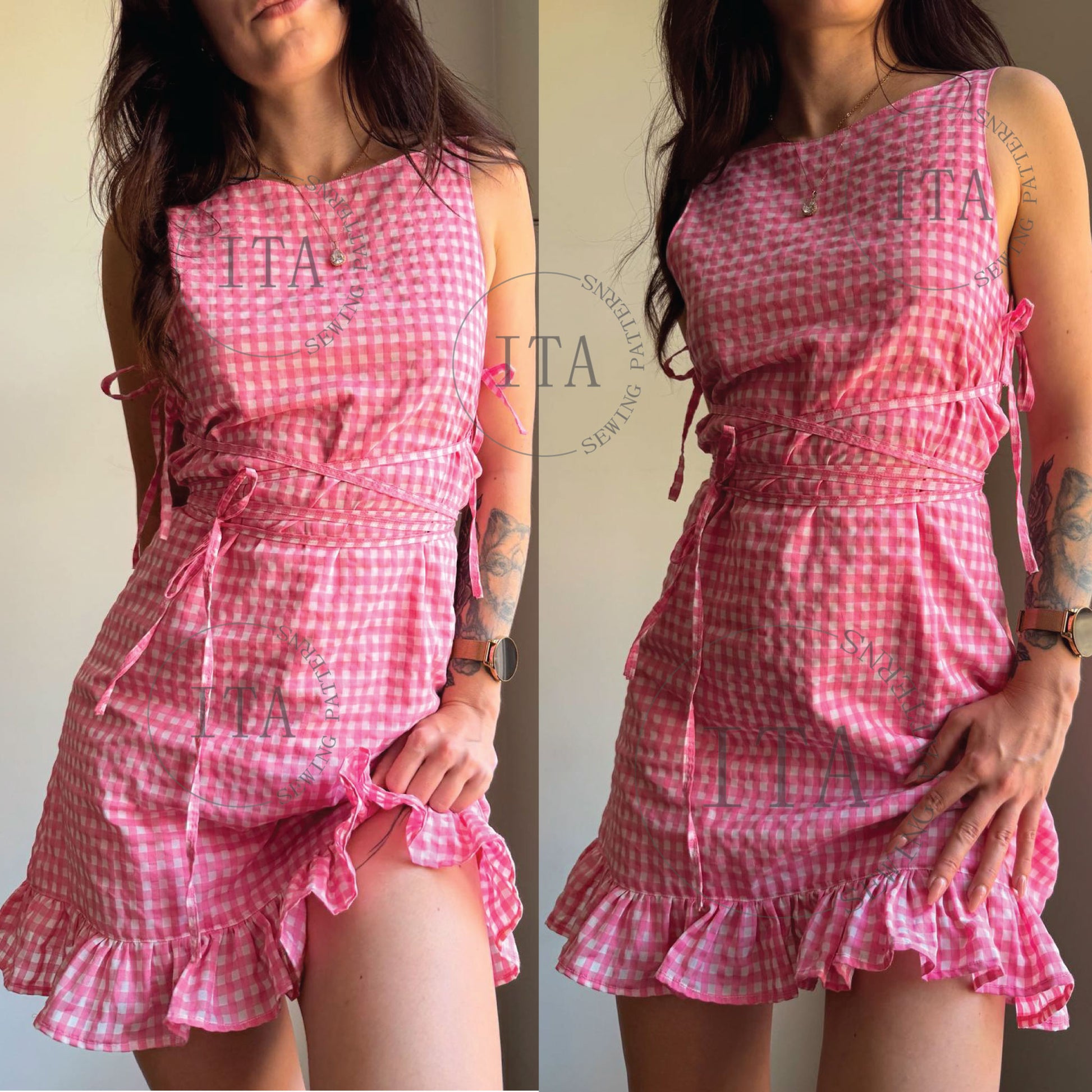 Digital sewing pattern cover for the Lila Dress featuring a woman wearing a pink and white gingham ruffle dress with side ties.
