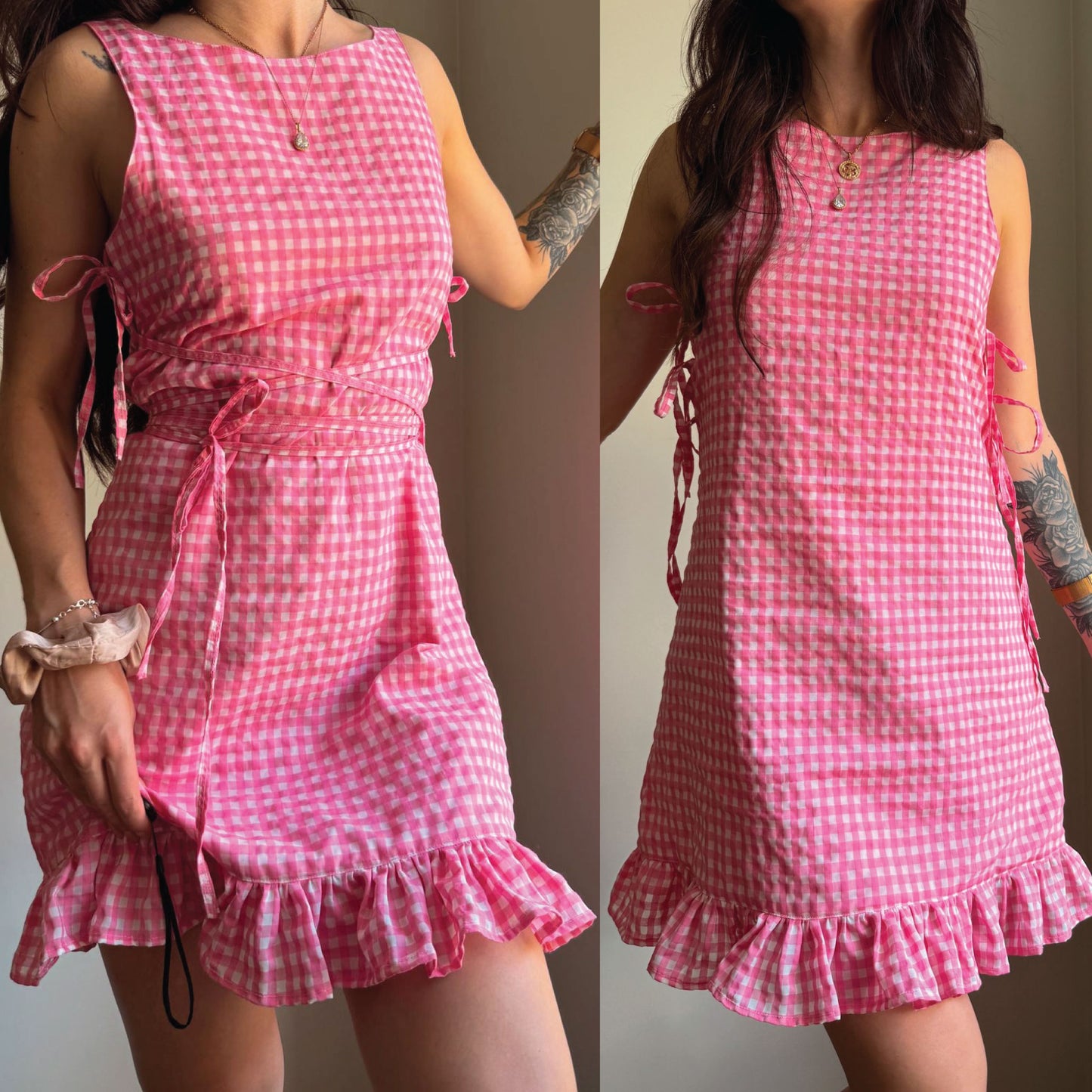 A sleeveless pink and white gingham mini dress with a ruffled hem and side tie details, shown from two angles on a model.