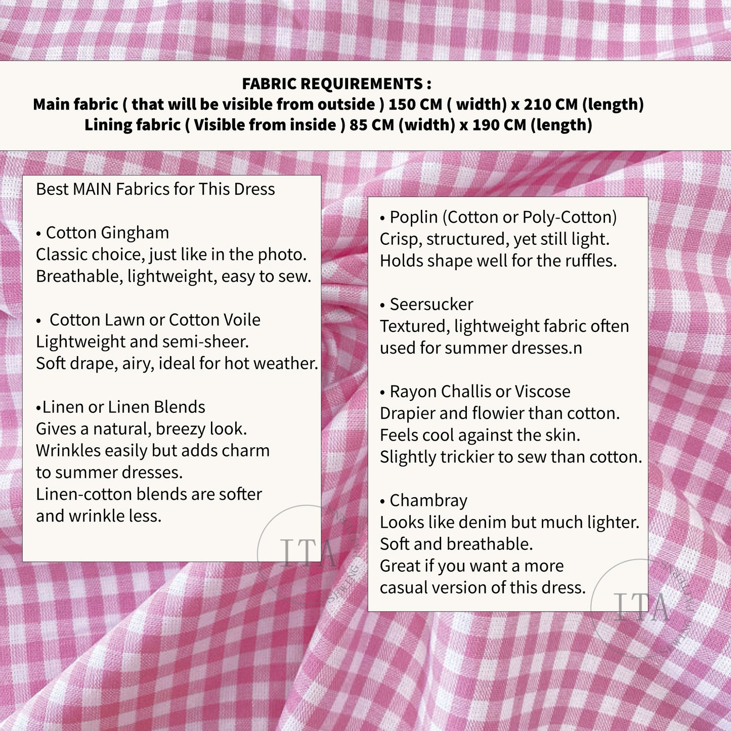 Detailed fabric requirements and recommendations for the Lila Dress sewing pattern, featuring a pink gingham fabric background with text boxes listing Cotton Gingham, Cotton Lawn, Linen, Poplin, Seersucker, Rayon Challis, and Chambray as ideal fabrics, including specific measurements for main and lining fabrics.