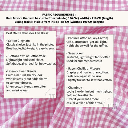Detailed fabric requirements and recommendations for the Lila Dress sewing pattern, featuring a pink gingham fabric background with text boxes listing Cotton Gingham, Cotton Lawn, Linen, Poplin, Seersucker, Rayon Challis, and Chambray as ideal fabrics, including specific measurements for main and lining fabrics.