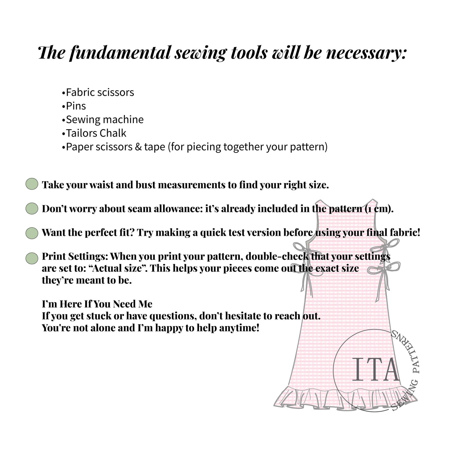 A technical sewing guide for the Lila Dress listing essential tools like fabric scissors, pins, and a sewing machine, featuring a watermark of the pink gingham dress, detailed 1cm seam allowance info, and "Actual size" print instructions.