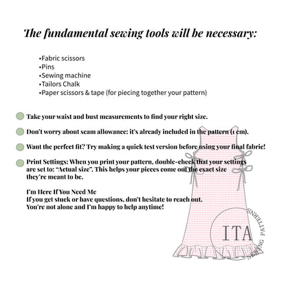 A technical sewing guide for the Lila Dress listing essential tools like fabric scissors, pins, and a sewing machine, featuring a watermark of the pink gingham dress, detailed 1cm seam allowance info, and "Actual size" print instructions.