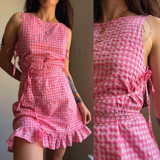 Digital sewing pattern cover for the Lila Ruffle Dress featuring a woman wearing a pink gingham mini dress with a ruffled hem and wrap-around tie waist.