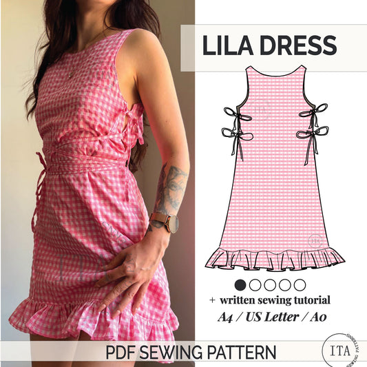 A digital sewing pattern cover for the Lila Dress, featuring a woman wearing a pink and white gingham mini dress with a ruffled hem and side-tie details, alongside a technical line drawing of the garment and text indicating A4, US Letter, and A0 PDF formats with a written tutorial.