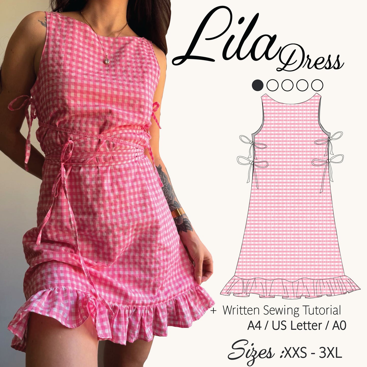 Pink and white gingham sleeveless dress shown on a model, with a sewing pattern illustration and text reading 'Lila Dress' and 'Written Sewing Tutorial' on a light background.