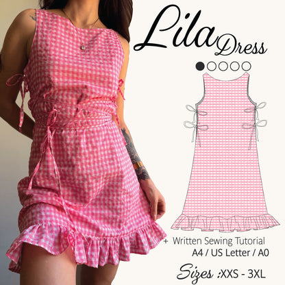 Pink and white gingham sleeveless dress shown on a model, with a sewing pattern illustration and text reading 'Lila Dress' and 'Written Sewing Tutorial' on a light background.