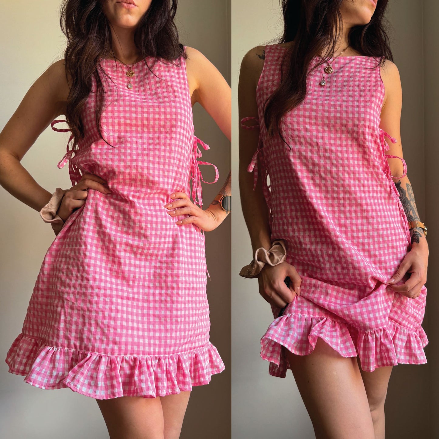 A pink and white gingham check sleeveless dress with side ties and a ruffled hem, shown in a split front and back view on a model.