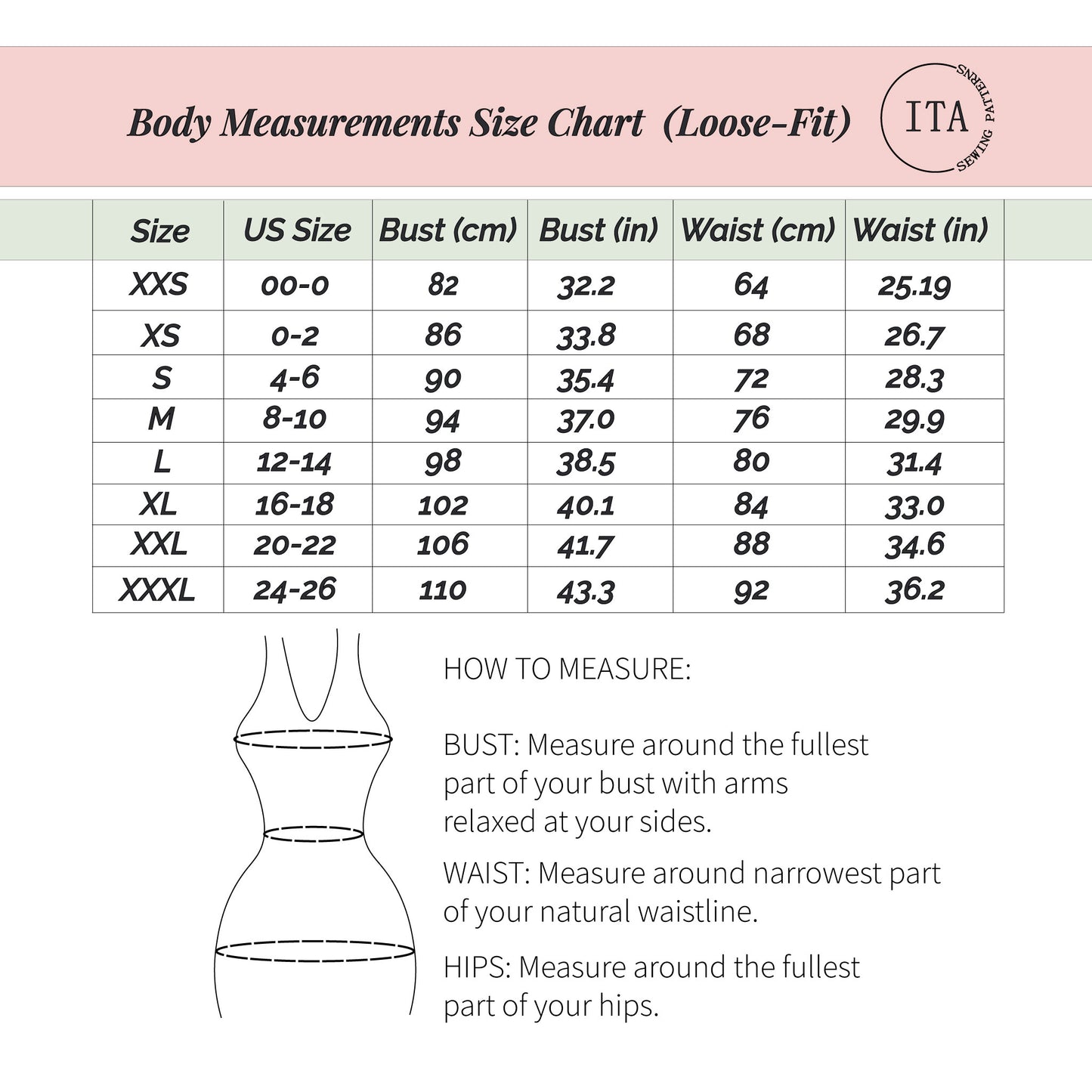 Body measurements size chart for Lila ruffle tie top sewing pattern showing bust and waist measurements from XXS to XXXL.