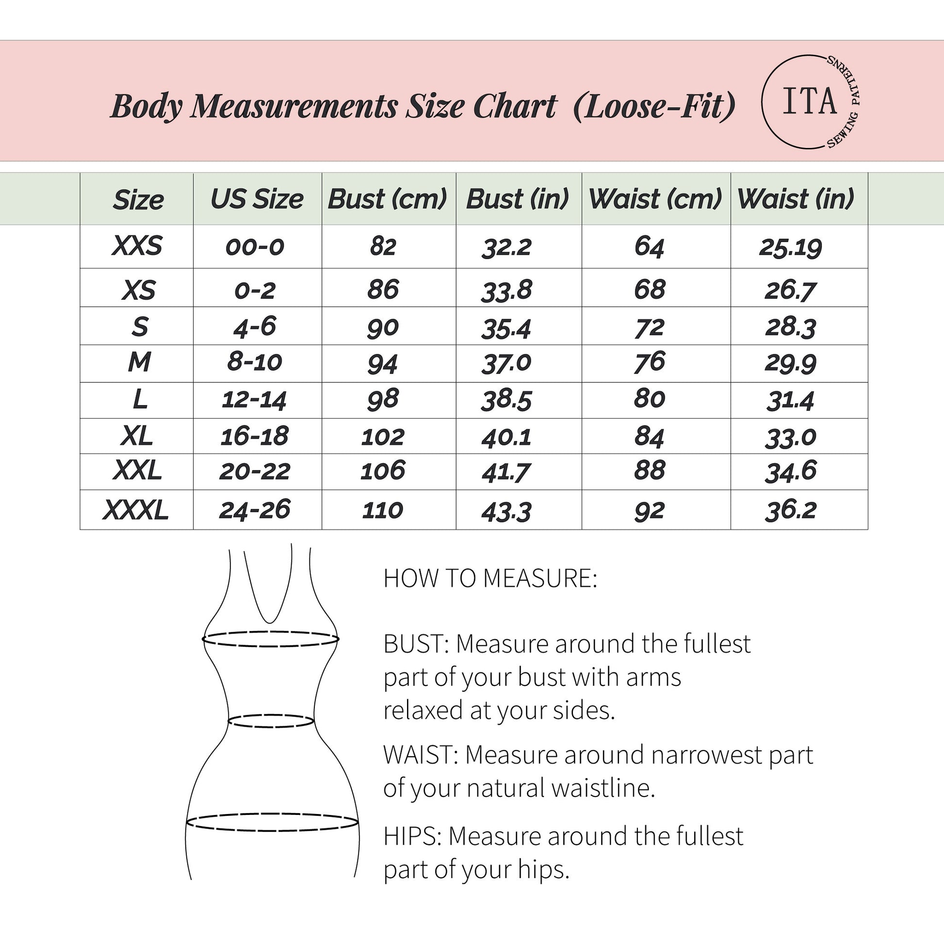 Body measurements size chart for Lila ruffle tie top sewing pattern showing bust and waist measurements from XXS to XXXL.