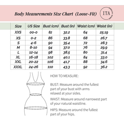 Body measurements size chart for Lila ruffle tie top sewing pattern showing bust and waist measurements from XXS to XXXL.