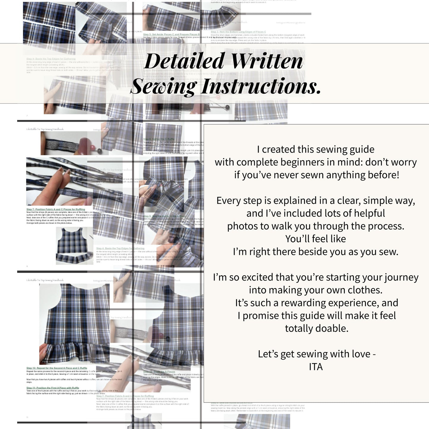 Detailed written sewing instructions for Lila ruffle tie top sewing pattern with step by step beginner guidance.