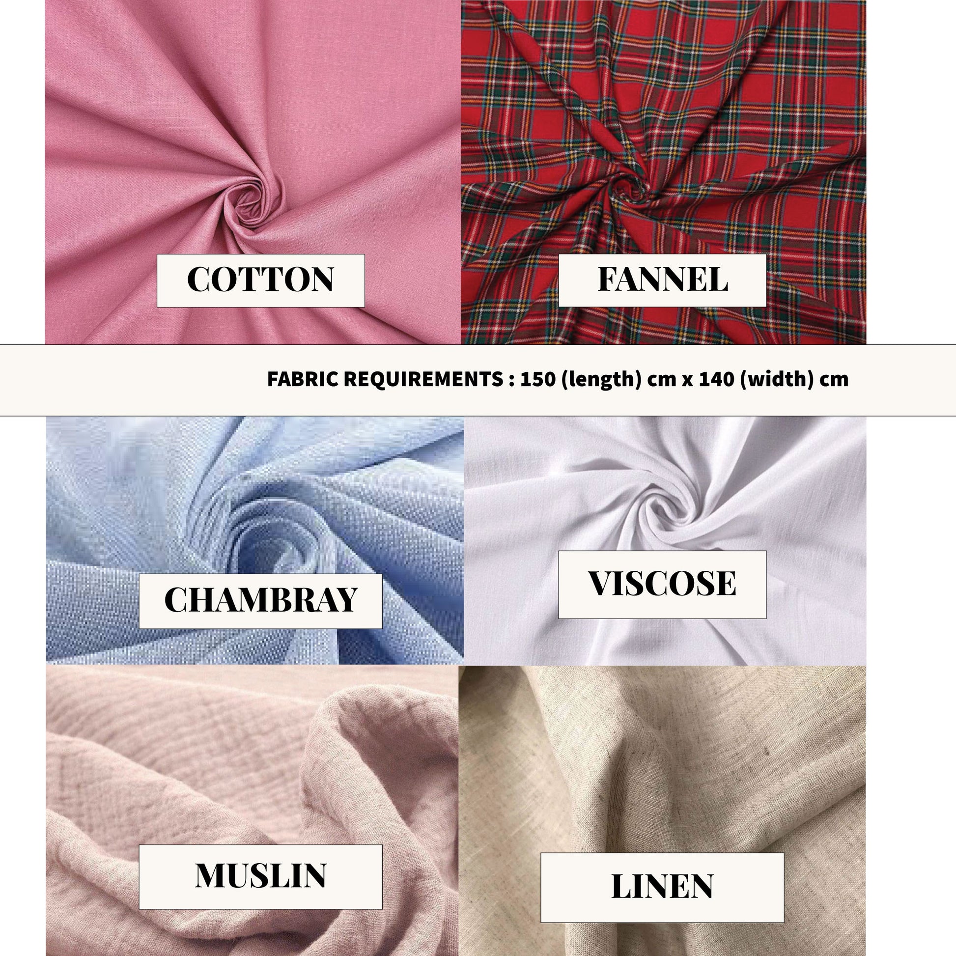 Recommended fabrics for Lila ruffle tie top sewing pattern including cotton, flannel, chambray, viscose, muslin, and linen.